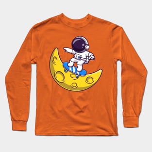 Astronaut Playing Skateboard On Moon Cartoon Long Sleeve T-Shirt